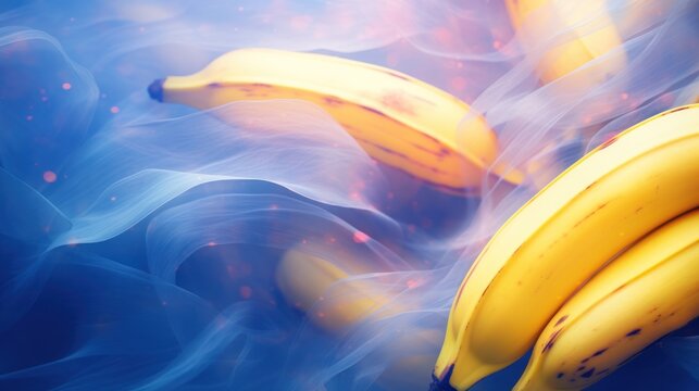  two bunches of bananas sitting on top of a blue and yellow background with a blurry image of a bunch of bananas.