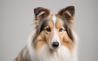 Fototapeta premium Primer plano de perro de raza Rough Collie o Pastor Escocés sobre fondo blanco 