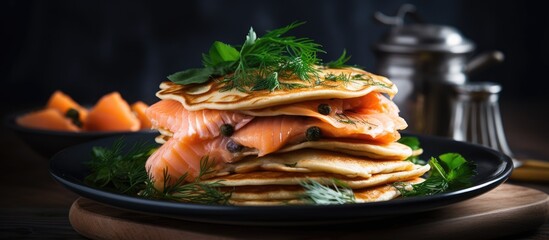 Salmon-filled pancakes on a table - obrazy, fototapety, plakaty