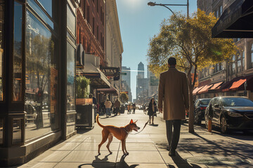 A man walking a dog down a city street.
