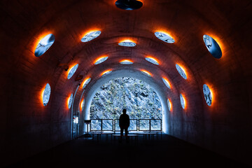 Kiyotsu Gorge Tunnel of Light with many round mirror reflection and art space theme design landmark...