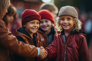 Children shaking hands and greet each other after sport game. - obrazy, fototapety, plakaty