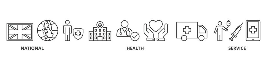 NHS banner web icon vector illustration concept of national health service with icon of globe, hospital, health insurance, ambulance, patient, and medical apps © Galuh Sekar