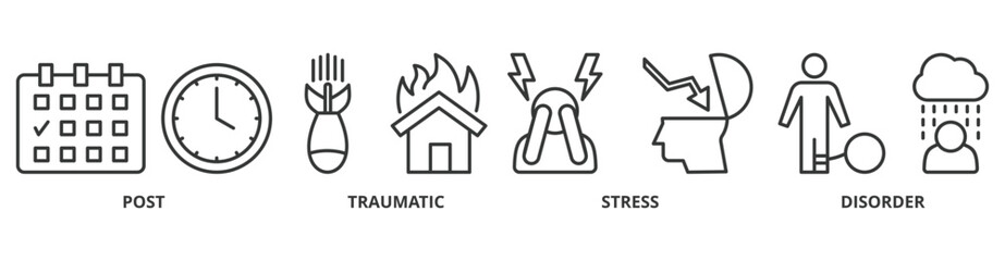 PTSD banner web icon vector illustration concept of post, traumatic, stress and disorder with icon of calendar, time, rocket attack, war, house on flame, headache and disability