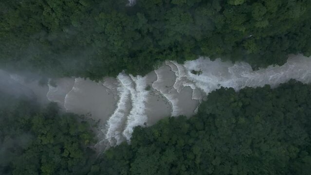 Overhead shot of famous semuc champey waterfall at Guatemala, aerial