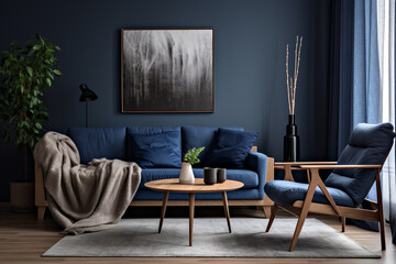 Stylish modern livingroom interior, white home decor, blue scandinavian living room - obrazy, fototapety, plakaty