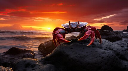 Crab Silhouetted Against Stunning Ocean Sunset - obrazy, fototapety, plakaty