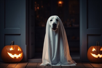 Fototapeta premium Funny dog with ghost costume ,sitting in front of the door at home entrance with pumpkin lantern