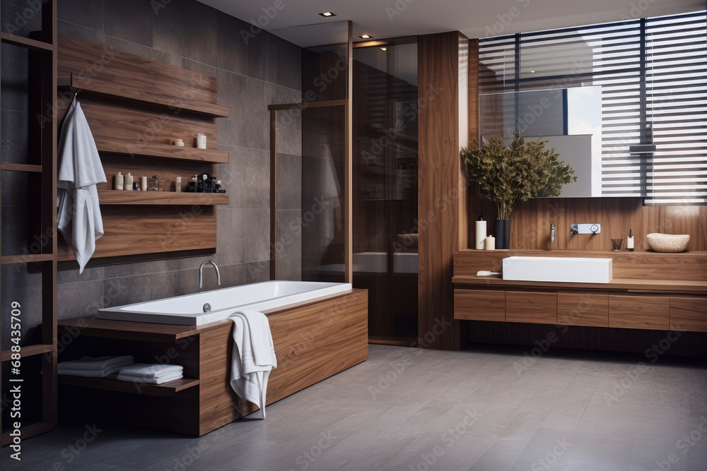 Wall mural Cozy and warm Bathroom interior decorate with oak wooden floor and wall, bathtub, mirror and sink, minimal Scandinavian stylish decor concept.