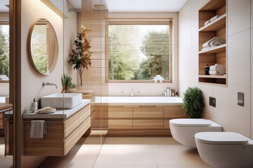 Cozy and warm Bathroom interior decorate with oak wooden floor and wall, bathtub, mirror and sink, minimal Scandinavian stylish decor concept. - obrazy, fototapety, plakaty