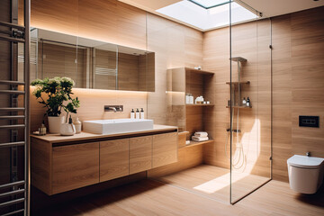Fototapeta na wymiar Cozy and warm Bathroom interior decorate with oak wooden floor and wall, bathtub, mirror and sink, minimal Scandinavian stylish decor concept.
