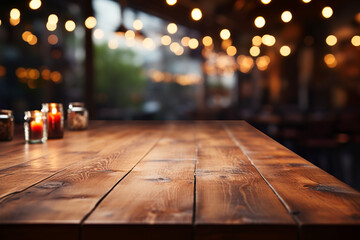 Empty wooden tabletop with blurred bar background