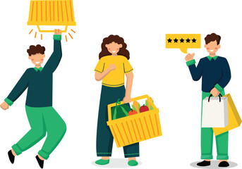 flat set of illustrations with the theme of shopping in supermarkets and discounts