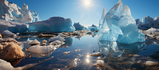 A group of icebergs floating on top of the ocean. Sun, global worming concept. - obrazy, fototapety, plakaty
