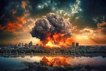 Violent explosion against the backdrop of a large city. Sunset. Apocalypse. War. Nuclear threat....