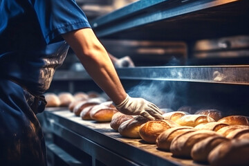 A worker in a bakery puts bread in the oven. Bread production enterprise. Bakery. Close-up.