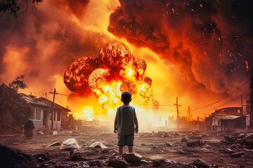 A small child against the background of an explosion and fire. War. A child looks at the fire and destruction of his house. - obrazy, fototapety, plakaty