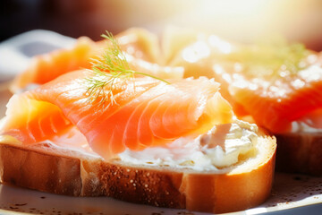 A delicious appetizer of fresh fish. Salmon or trout sandwich. Tender sandwich with fish bread and butter close-up.