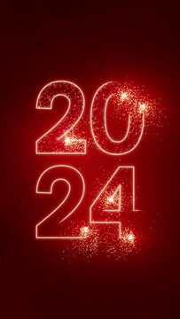 Vertical video animation - abstract neon light in red-gold with the numbers 2024 - represents the new year - holiday concept.