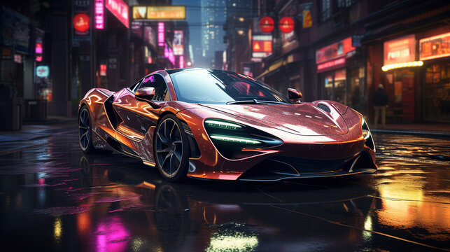 Super Car Sits A Metro City Street With Neon Lights on Blurry Background