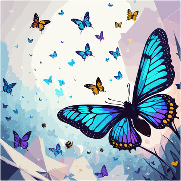 Fantastic butterflies in the city landscape. Colorful butterflies flutter along the street with skyscrapers. Vector illustration.