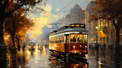 Oil Painting of Yellow Color Old Tram on Road Cityscape Background