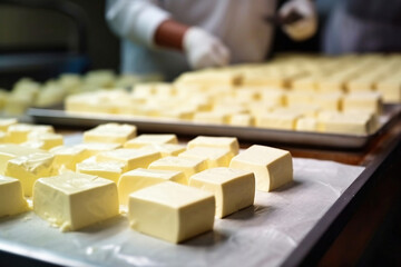 Photo of a variety of cheeses on a tray, ready to be enjoyed. Industrial cheese production plant. Modern technologies. Production of different types of cheese at the factory. - obrazy, fototapety, plakaty