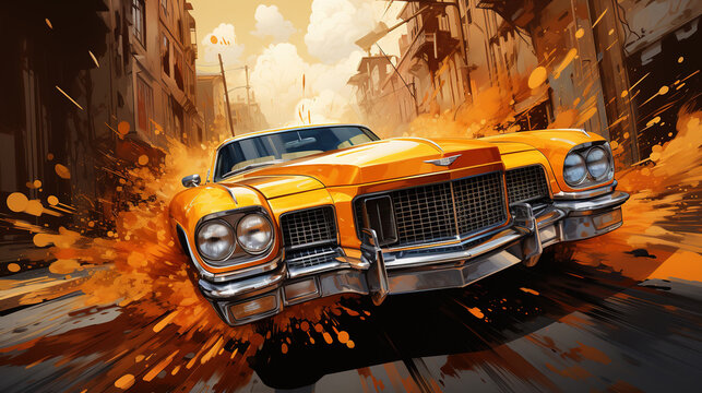 Modern Futuristic Yellow Color Sport Car on Road Artistic Oil Painting Background