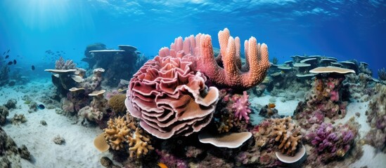 Tropical coral reef with a big sea cucumber (Richelieu Rock, Thailand) - obrazy, fototapety, plakaty