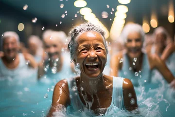 Muurstickers Group of old seniors doing exercises in a pool. © Degimages