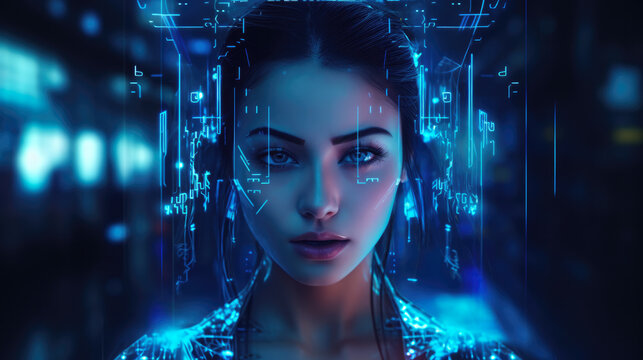 Futuristic cyberpunk portrait of a young woman - Powered by Adobe