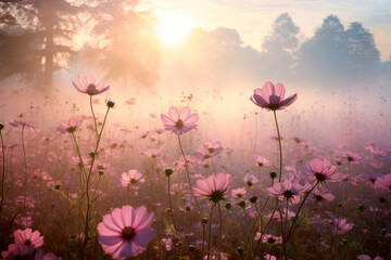 Purple wild flowers blossoming in foggy spring meadow on sunny sunrise.