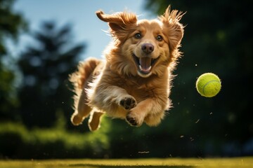  Retriever alegre en acción, saltando para atrapar una pelota bajo el sol en un parque - obrazy, fototapety, plakaty
