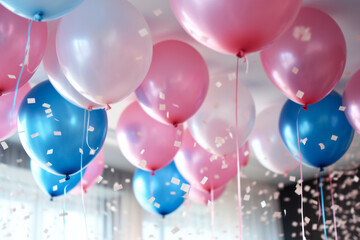 Pink, blue and white balloons, confetti and streamers as a decorations at a gender reveal or a baby shower party.