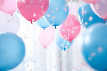 Pink, blue and white balloons, confetti and streamers as a decorations at a gender reveal or a baby shower party. - obrazy, fototapety, plakaty