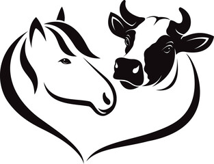 Horse head and cow head design. Animals farm. - obrazy, fototapety, plakaty
