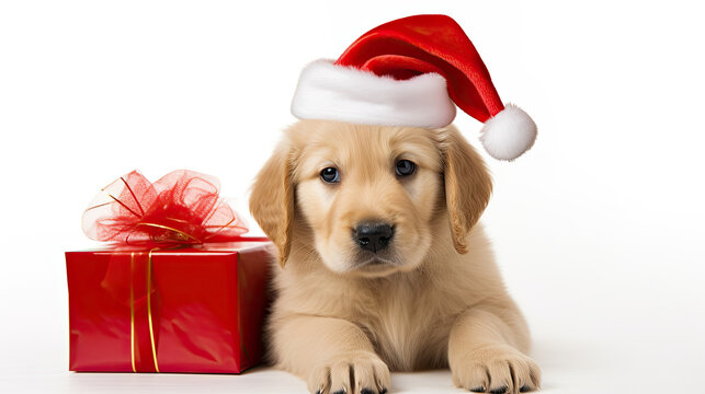 golden retriever with santa hat and red gift box isolated on white background