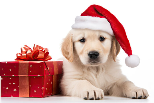 golden retriever with santa hat and red gift box isolated on white background
