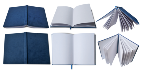 Set collection of blank empty copy space white open book in various position cut out