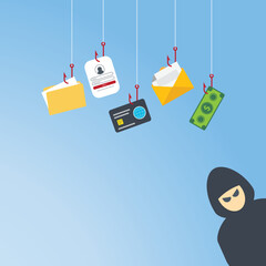 Hackers and cybercriminals phishing, identity theft, user login, password, documents, email and credit card. Hacking and web security. Internet phishing concept. Vector illustration
