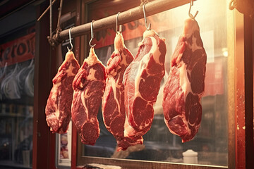 raw meat hanging in front of a shop - obrazy, fototapety, plakaty