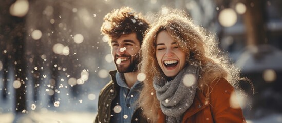Winter park love story: Joyful couple throws snowballs in happiness.
