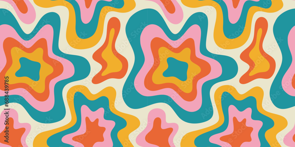 Poster abstract psychedelic tie dye seamless pattern illustration with colorful trippy wavy shapes in retro