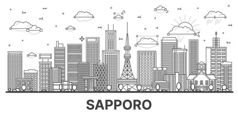 Outline Sapporo Japan city skyline with modern and historic buildings isolated on white. Sapporo cityscape with landmarks.
