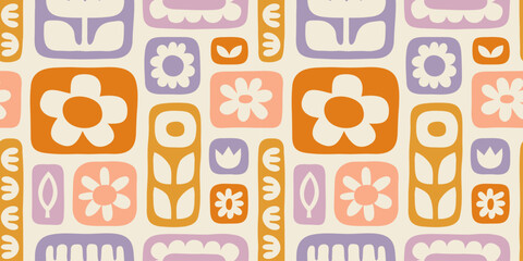 Colorful floral seamless pattern illustration. Vintage style hippie flower background design. Geometric checkered wallpaper print, spring season nature backdrop texture with daisy flowers.