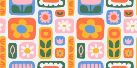 Fotobehang Colorful floral seamless pattern illustration. Vintage style hippie flower background design. Geometric checkered wallpaper print, spring season nature backdrop texture with daisy flowers. © Dedraw Studio