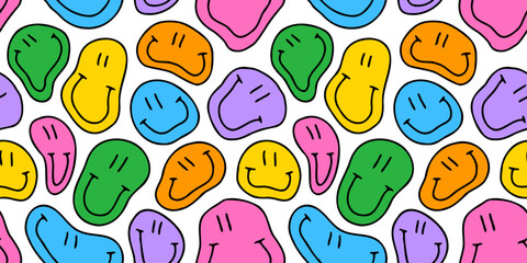 Funny melting smiling happy face colorful cartoon seamless pattern. Retro psychedelic drug effect smile icon background texture. Trendy character doodle wallpaper. - obrazy, fototapety, plakaty