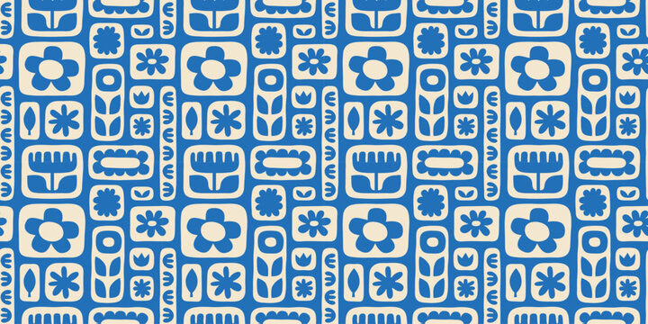 Fototapeta Vintage floral seamless pattern illustration. Blue flower background design. Geometric checkered wallpaper print, spring season nature backdrop texture with daisy flowers.