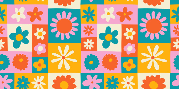 Colorful floral seamless pattern illustration. Vintage style hippie flower background design. Geometric checkered wallpaper print, spring season nature backdrop texture with daisy flowers.