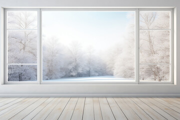 wooden floor and snowy landscape out of the window